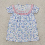 GSD2226 Embroidery Daddy's Girl Flower Bows Blue Girls Dress