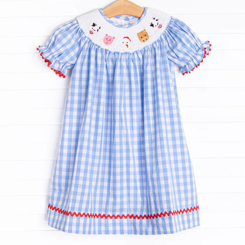 Preorder 04.04 GSD2275 Farm Animals Blue Plaid Smocked Girl's Dress