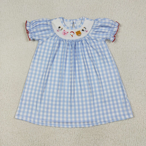 GSD2275 Farm Animals Blue Plaid Smocked Girl's Dress