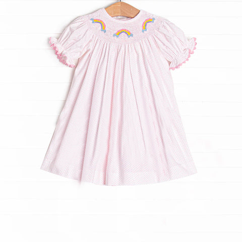 Preorder 04.04 GSD2277 Rainbow Pink Dots Smocked Girl's Dress