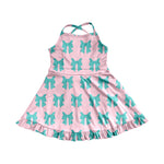 Preorder GSD2293 Bows Pink Green Yoga Girl's Dress Onesie