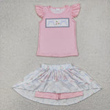 GSD2298 Bows Flower Pink Girls Skorts Set