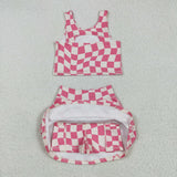GSD2329 Pink Plaid Yoga Girls Skorts Set
