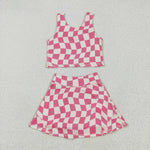 GSD2329 Pink Plaid Yoga Girls Skorts Set