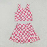 GSD2329 Pink Plaid Yoga Girls Skorts Set