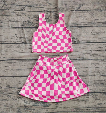 Preorder GSD2329 Pink Plaid Yoga Girls Skorts Set
