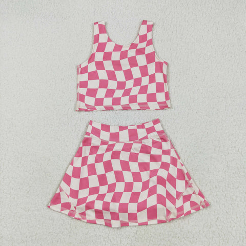 GSD2329 Pink Plaid Yoga Girls Skorts Set