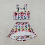 GSD2333 Cartoon Mouse Plaid Yoga Girls Skorts Set