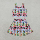 GSD2333 Cartoon Mouse Plaid Yoga Girls Skorts Set