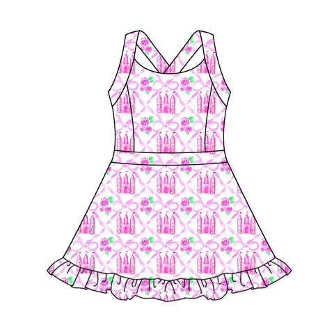 Preorder 04.09 GSD2344 Cartoon Castle Flower Bows Yoga Girl's Dress Onesie