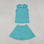 GSD2349 Green Blue Cotton Girls Skorts Set