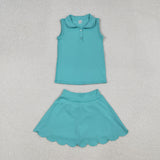 GSD2349 Green Blue Cotton Girls Skorts Set
