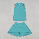 GSD2349 Green Blue Cotton Girls Skorts Set