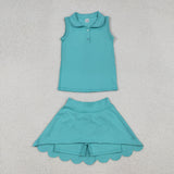 GSD2349 Green Blue Cotton Girls Skorts Set