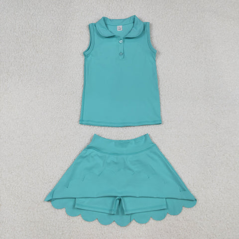 GSD2349 Green Blue Cotton Girls Skorts Set