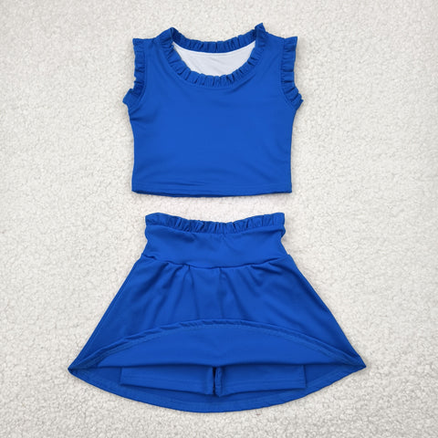 GSD2391 Solid Color Blue Ruffles Yoga Girls Skorts Set