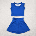 GSD2391 Solid Color Blue Ruffles Yoga Girls Skorts Set