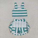GSD2432 Green Stripe Yoga Girls Skorts Set