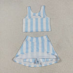 GSD2433 Blue Stripe Girls Yoga Skorts Set