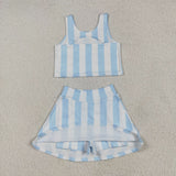 GSD2433 Blue Stripe Girls Yoga Skorts Set