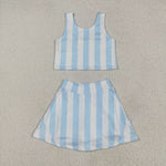 GSD2433 Blue Stripe Girls Yoga Skorts Set
