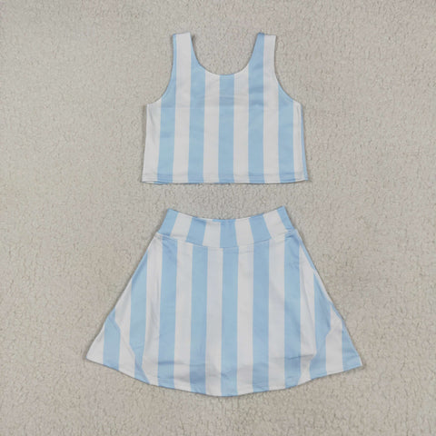 GSD2433 Blue Stripe Girls Yoga Skorts Set