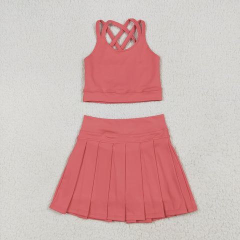 GSD2436 Solid Color Coral Red Yoga Girls Skorts Set