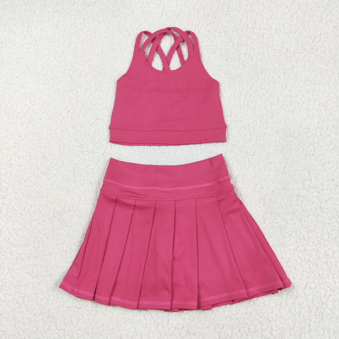 GSD2442 Solid Color Dark Pink Yoga Girls Skorts Set