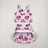 GSD2460 Cartoon Mouse Flower Pink Yoga Girls Skorts Set