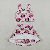 GSD2460 Cartoon Mouse Flower Pink Yoga Girls Skorts Set