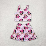 GSD2460 Cartoon Mouse Flower Pink Yoga Girls Skorts Set