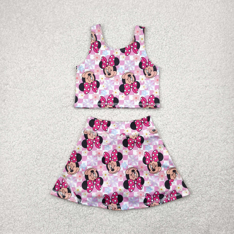 GSD2460 Cartoon Mouse Flower Pink Yoga Girls Skorts Set