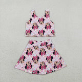 GSD2460 Cartoon Mouse Flower Pink Yoga Girls Skorts Set