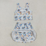 GSD2469 Cartoon Blue Dog Rainbow Yoga Girls Skorts Set