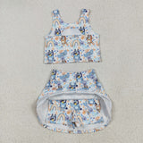 GSD2469 Cartoon Blue Dog Rainbow Yoga Girls Skorts Set