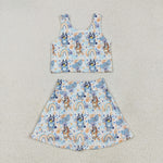 GSD2469 Cartoon Blue Dog Rainbow Yoga Girls Skorts Set