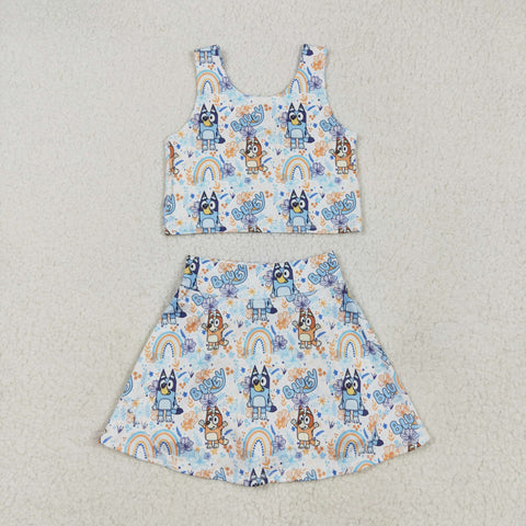 GSD2469 Cartoon Blue Dog Rainbow Yoga Girls Skorts Set
