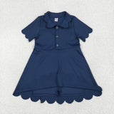 GSD2487 Navy Blue Solid Color Button Yoga Girl's Dress Onesie