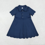 GSD2487 Navy Blue Solid Color Button Yoga Girl's Dress Onesie