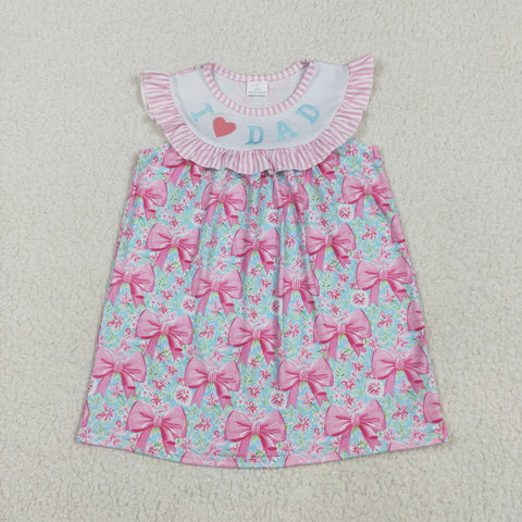 GSD2534 Embroidery I LOVE DAD Flower Bows Pink Girl's Dress