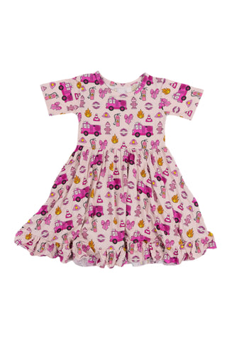 Preorder 06.28 Fire Truck  Bows Pink Girl's Dress