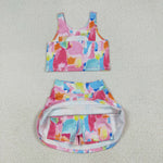 GSD2625 Colorful Watercolor Yoga Girls Skorts Set
