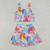 GSD2625 Colorful Watercolor Yoga Girls Skorts Set