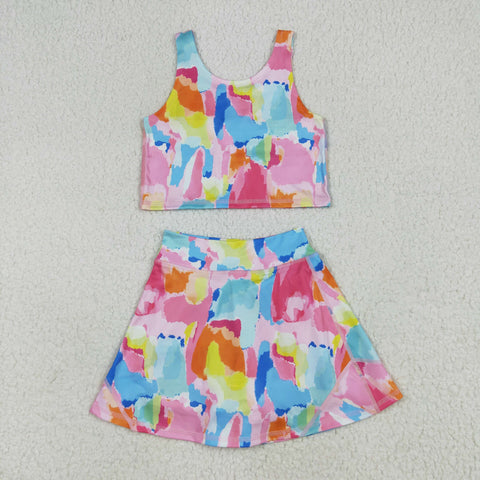 GSD2625 Colorful Watercolor Yoga Girls Skorts Set