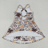 GSD2649 Leopard Bows Brown Sports Yoga Girl's Dress Onesie