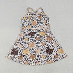 GSD2649 Leopard Bows Brown Sports Yoga Girl's Dress Onesie