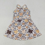 GSD2649 Leopard Bows Brown Sports Yoga Girl's Dress Onesie