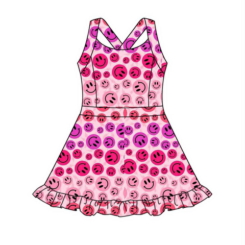 Preorder 07.03 GSD2656 Smiley Face Pink Sports Yoga Girl's Dress Onesie