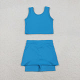 GSD2659 Solid Color Blue Yoga Girls Skorts Set
