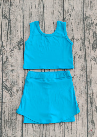 Preorder Samples GSD2659 Solid Color Blue Yoga Girls Skorts Set